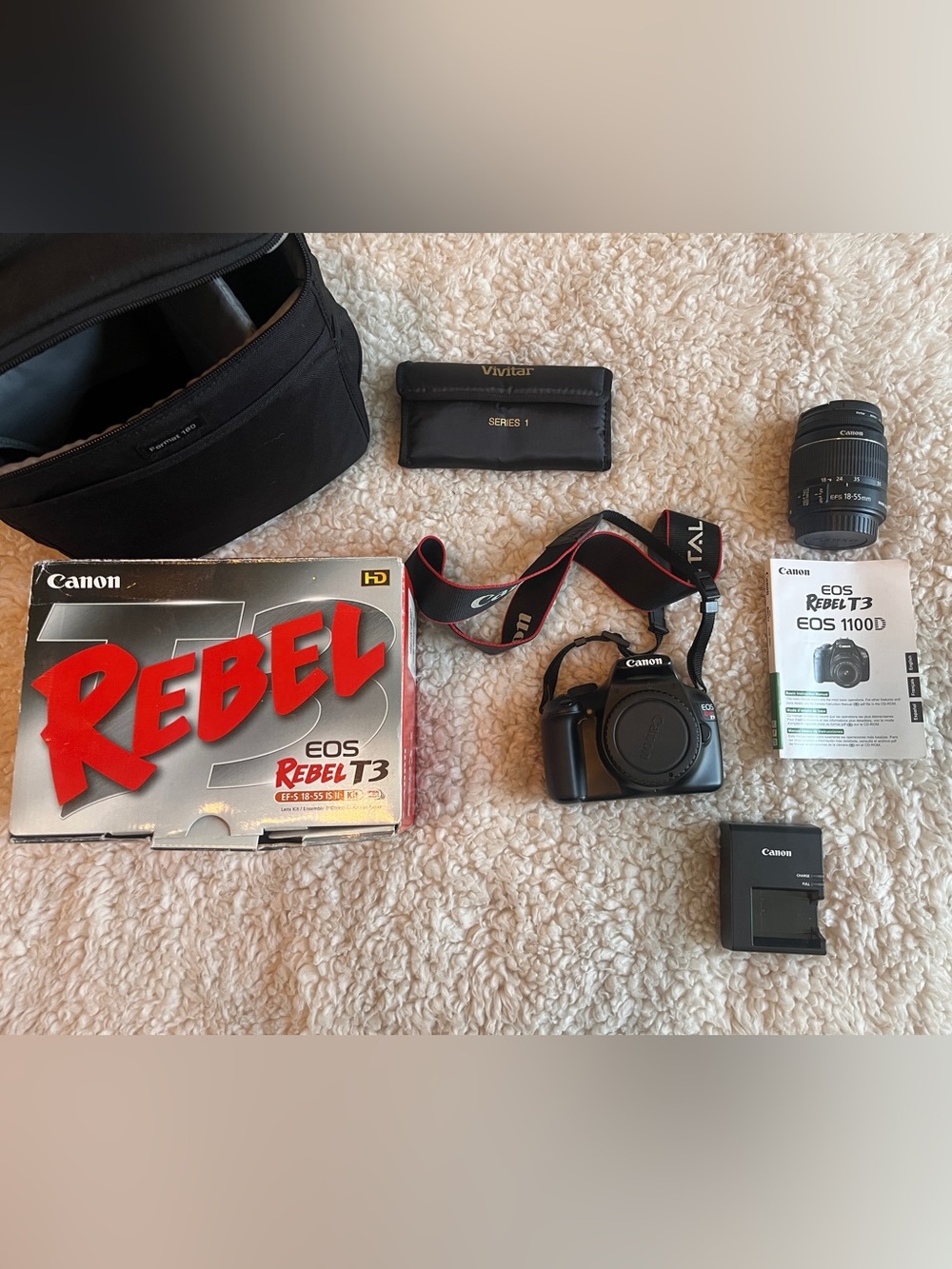 Canon EOS Rebel T3 Black DSLR Camera with Strap and Vivitar Lenses